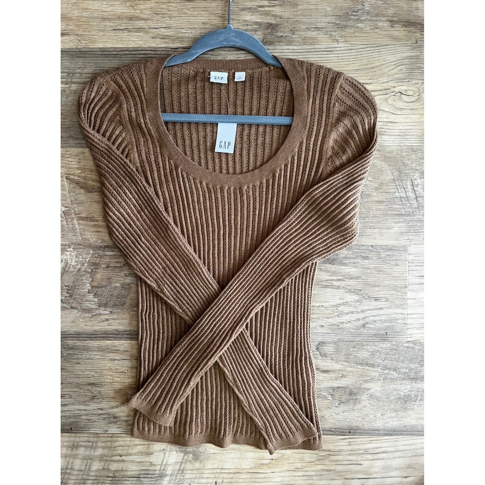 Gap Brown Rib Knit Long Sleeved Sweater Size Medium Stretch Scoop Neck‎ NEW